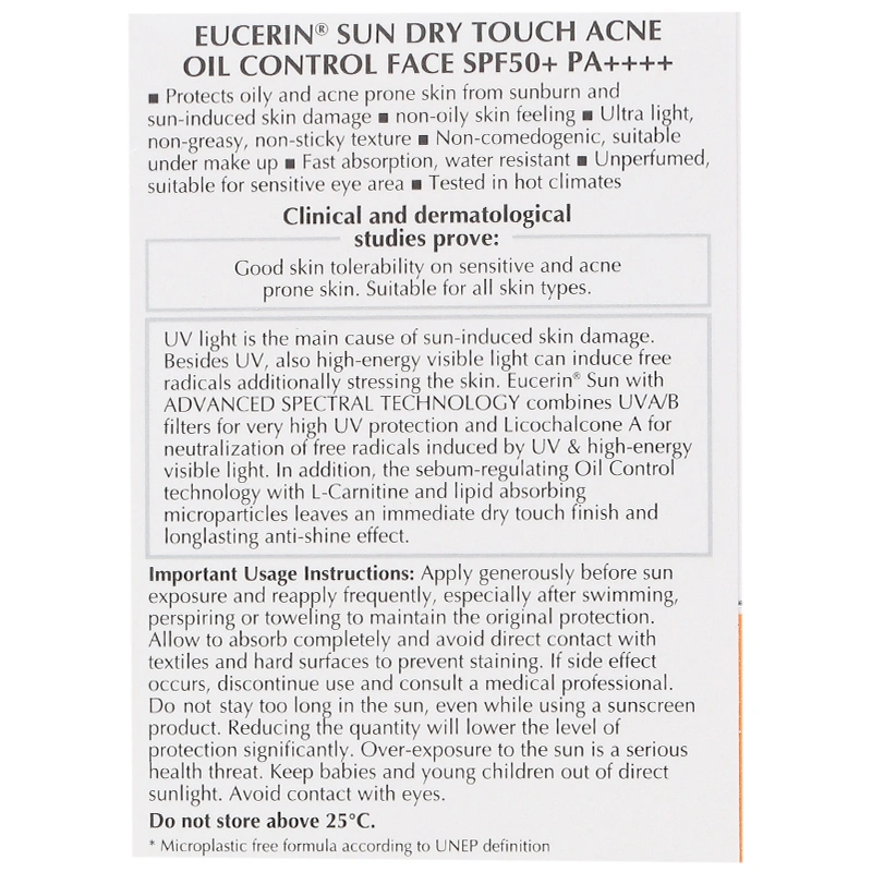 Kem chống nắng Eucerin Sun Dry Touch Acne Oil Control Face SPF 50+/PA++++ cho da nhờn mụn chai 50ml - 15